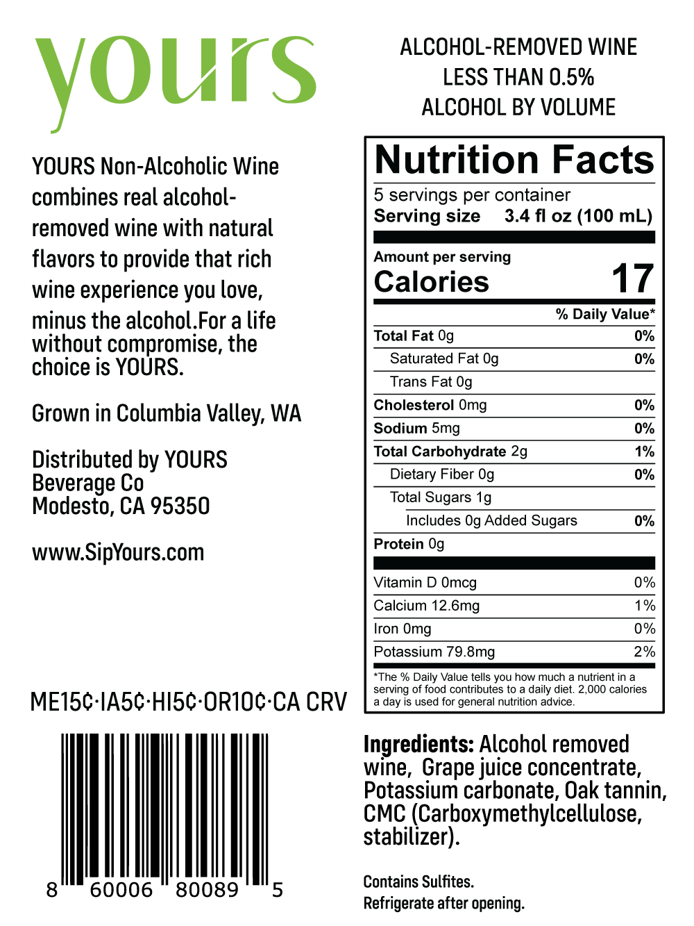 YOURS alcohol-removed wine back label showing the Nutrition Facts panel, ingredients and less than 0.5 percent alcohol by volume statement