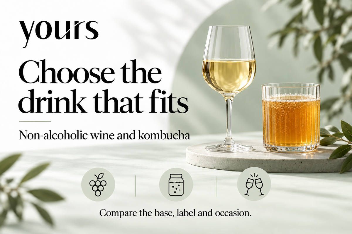 Choose the drink that fits. Non-alcoholic wine and kombucha. Compare the base, label and occasion.