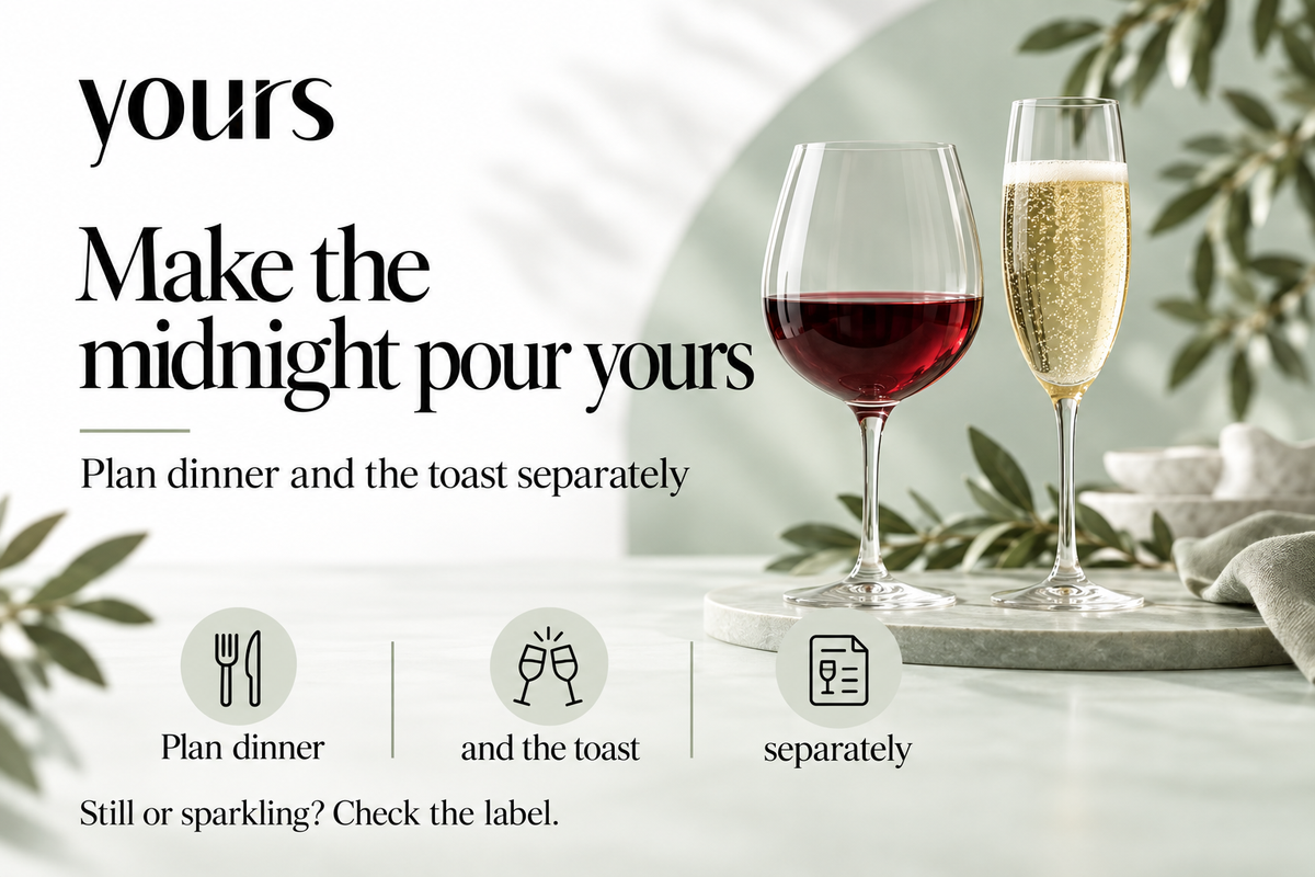 Make the midnight pour yours. Plan dinner and the toast separately. Still or sparkling? Check the label.