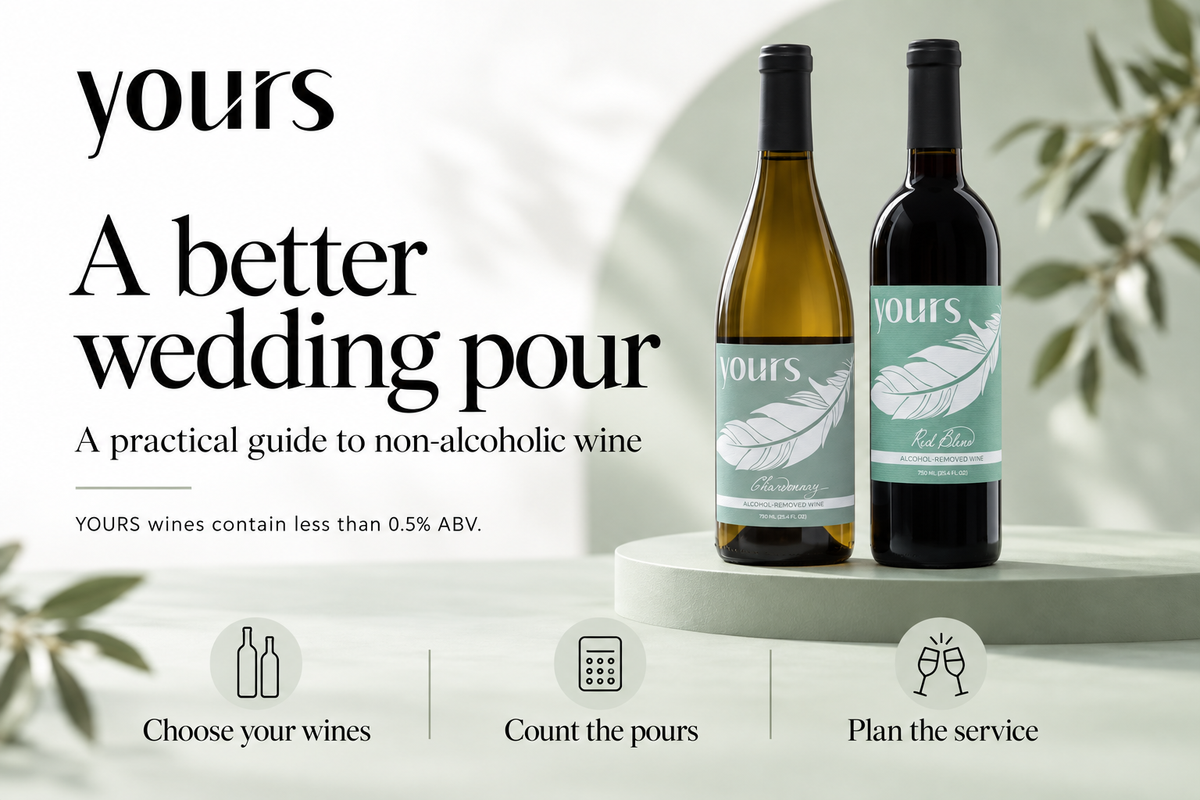 A better wedding pour. A practical guide to non-alcoholic wine. Choose your wines. Count the pours. Plan the service