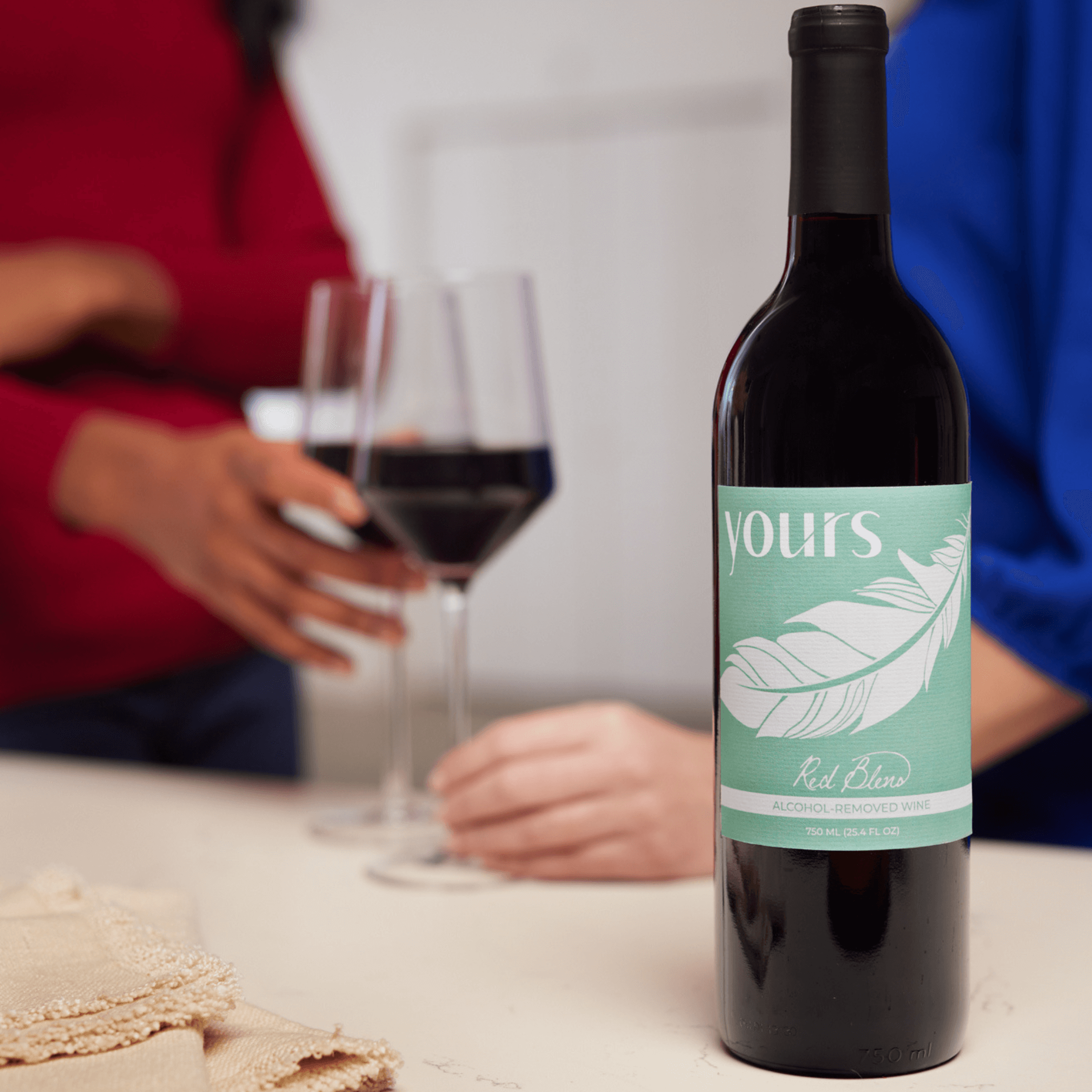 YOURS Non-Alcoholic Award Winning California Red Blend Wine On Table